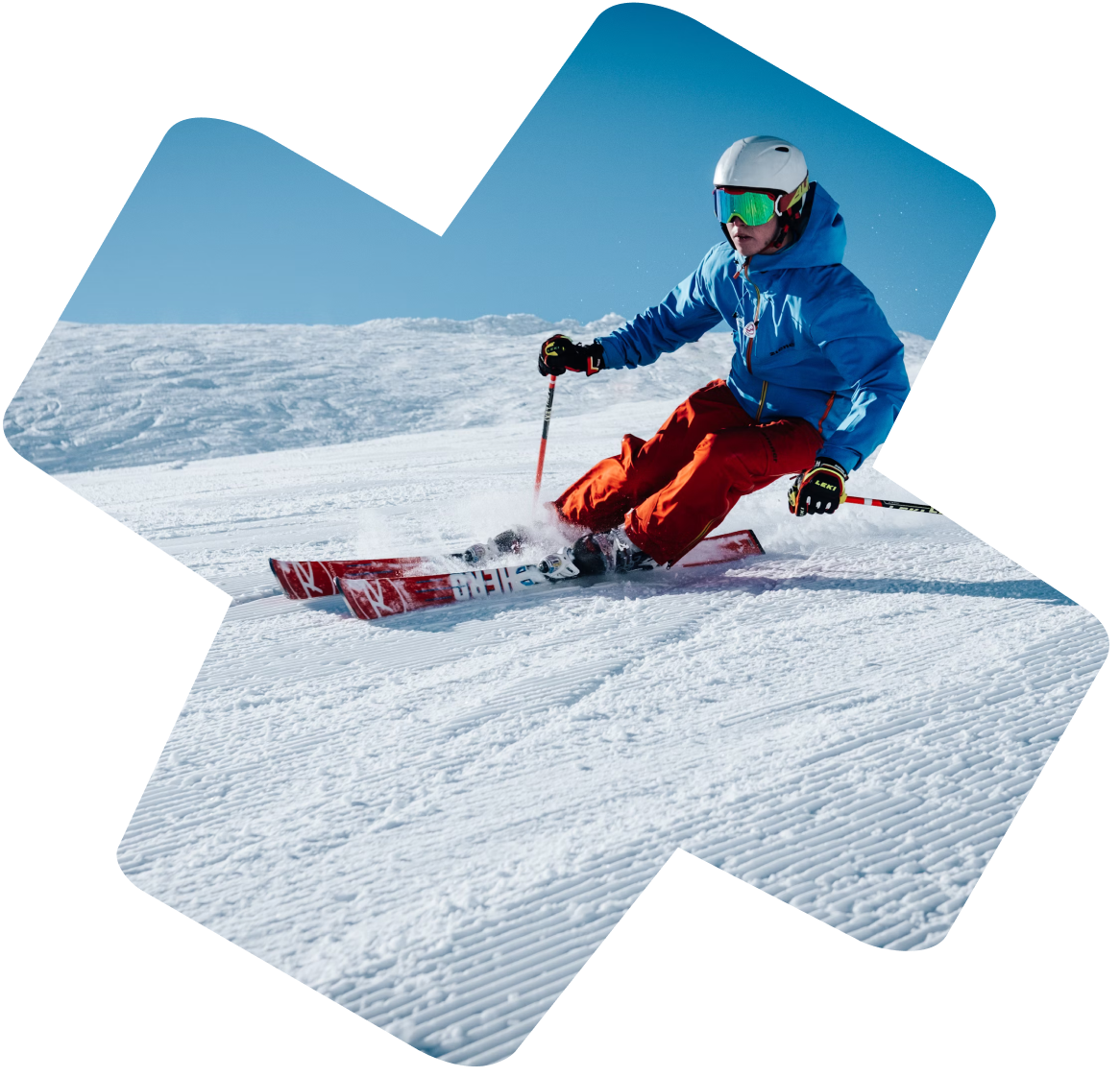 lyžiar s lyžami z požičovne snowflake